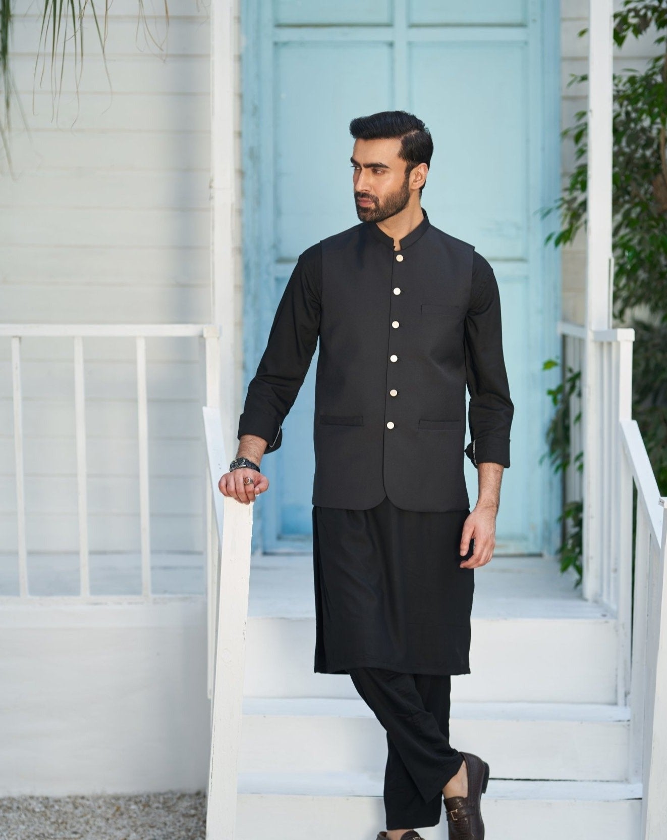 Black Shalwar Kameez with Waistcoat for Men
