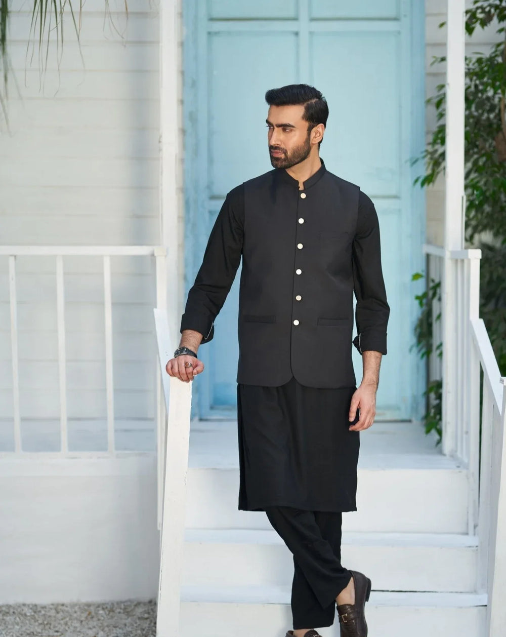 Black Shalwar Kameez with Waistcoat - Worldwide Shipping