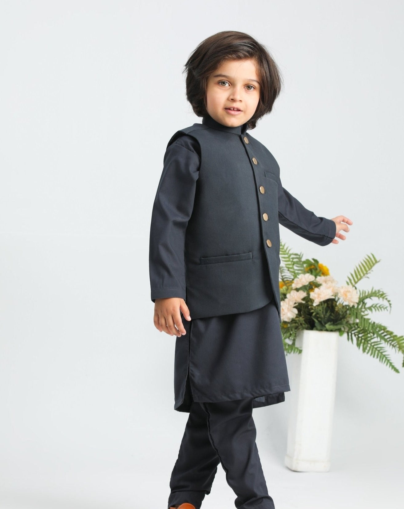 Charcoal Grey Shalwar Kameez and Waistcoat - 3PC - Kids