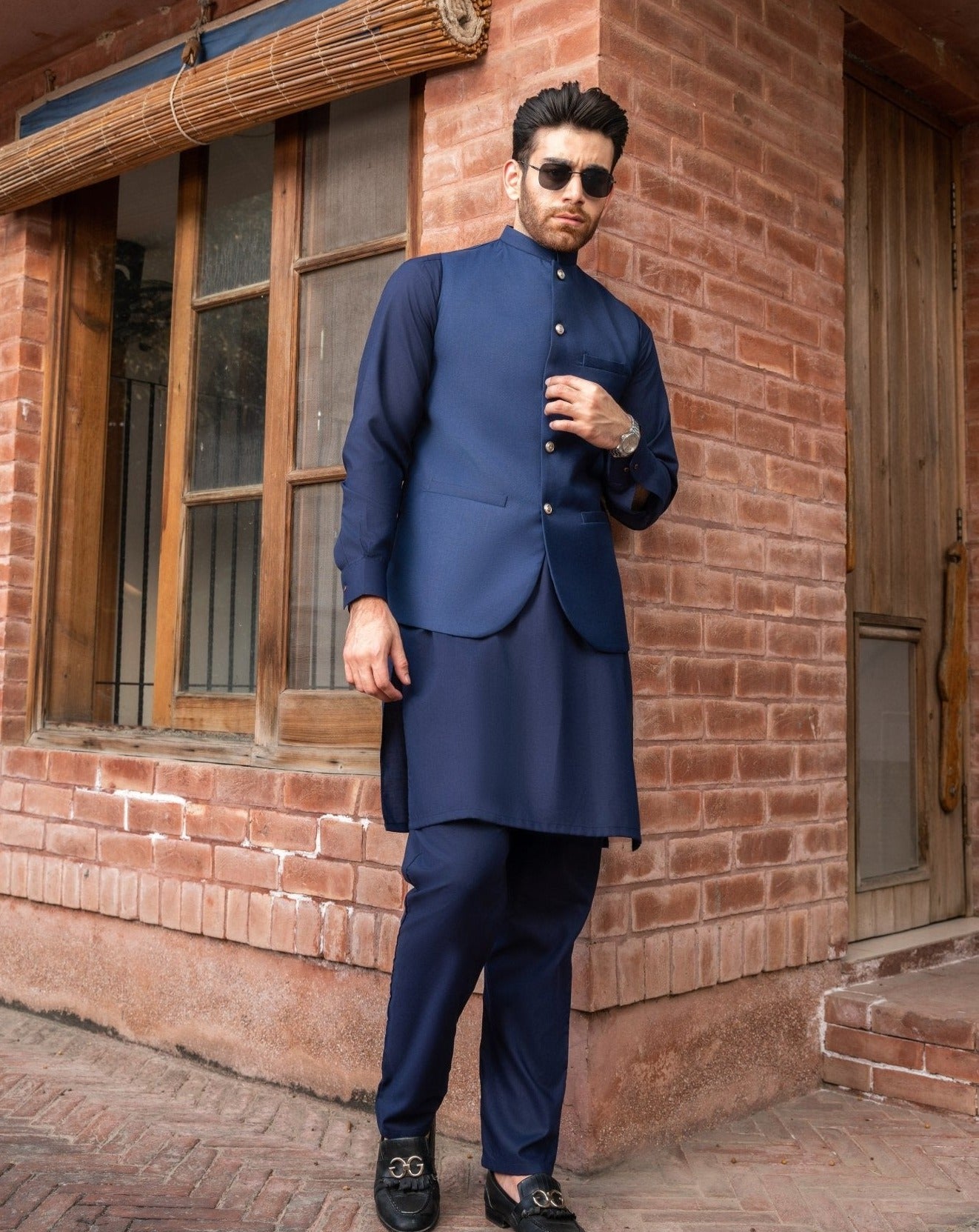Navy Blue Shalwar Kameez and Waistcoat - 3PC - Men