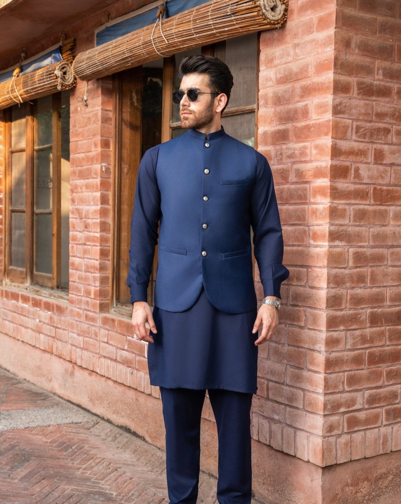 Navy Blue Shalwar Kameez and Waistcoat - 3PC - Men