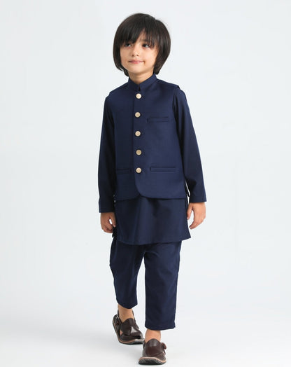 Navy Blue Shalwar Kameez and Waistcoat - 3PC Set - Kids