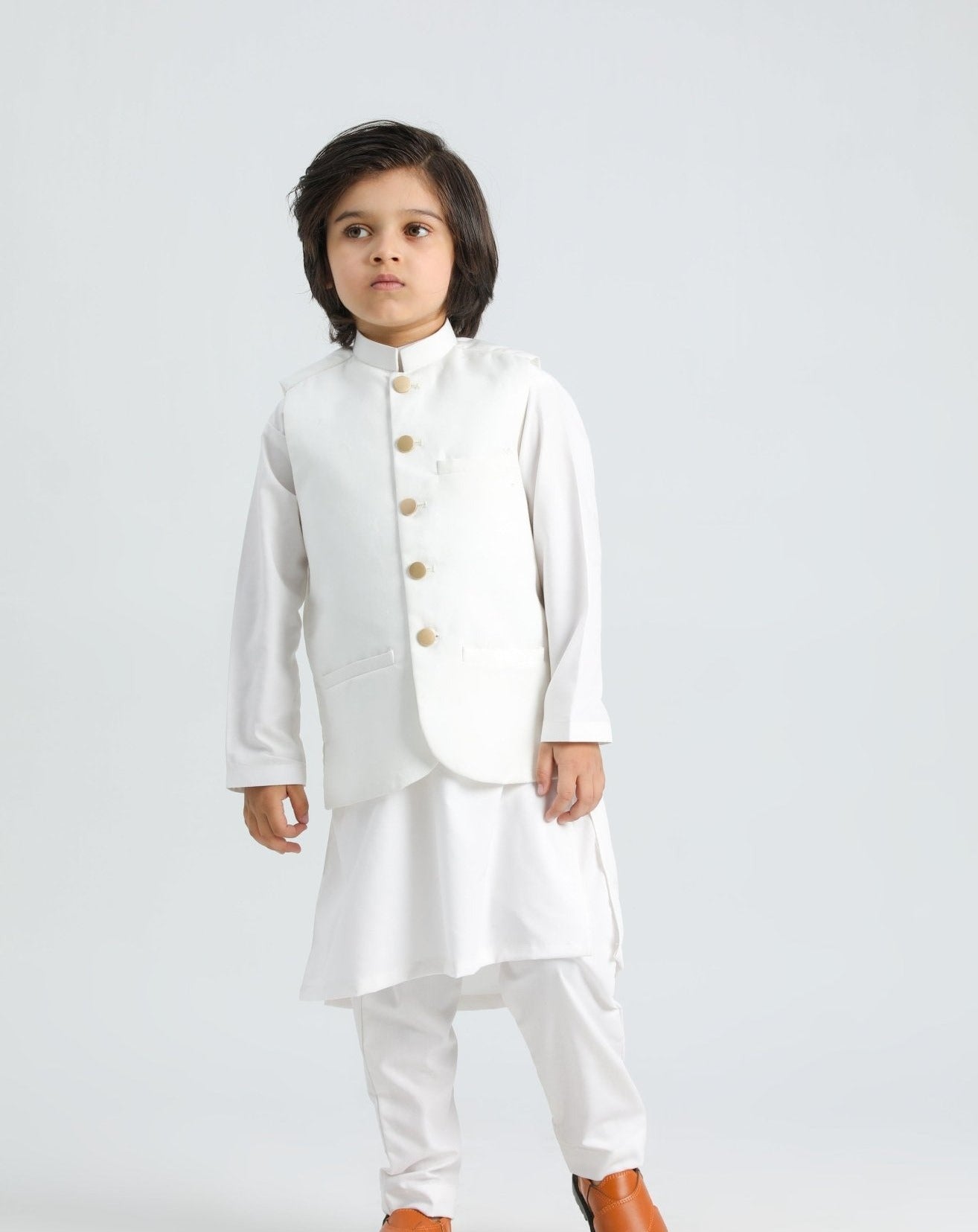 Off White Shalwar Kameez and Waistcoat - 3PC Set - Kids