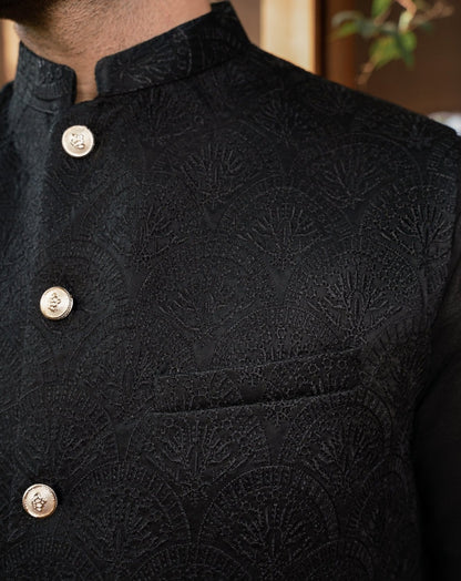 Black Embroided Waistcoat on Black - 3 Piece - MuraqshMuraqsh Man