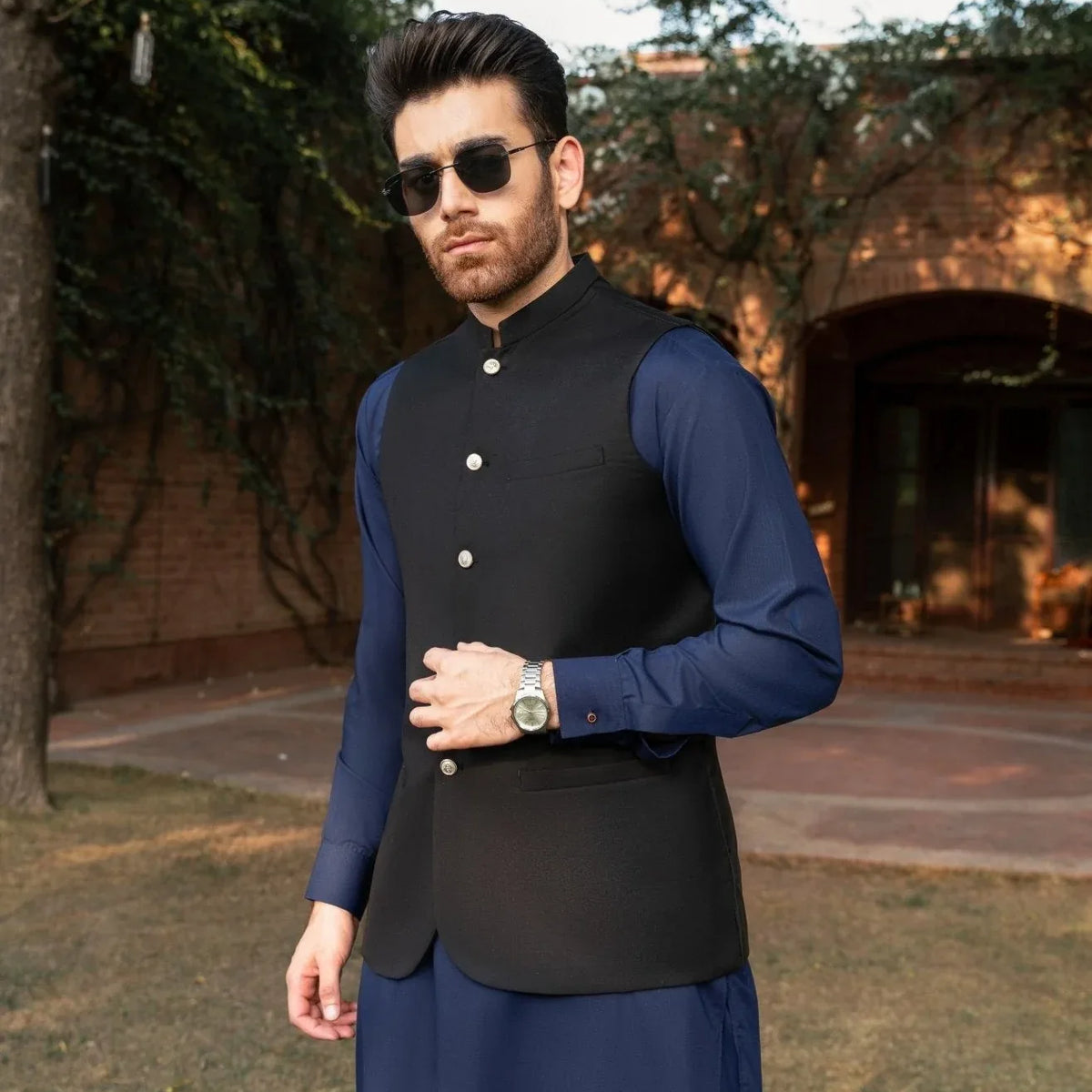 Black Waistcoat in Navy Blue shalwar kameez Piece Suit for