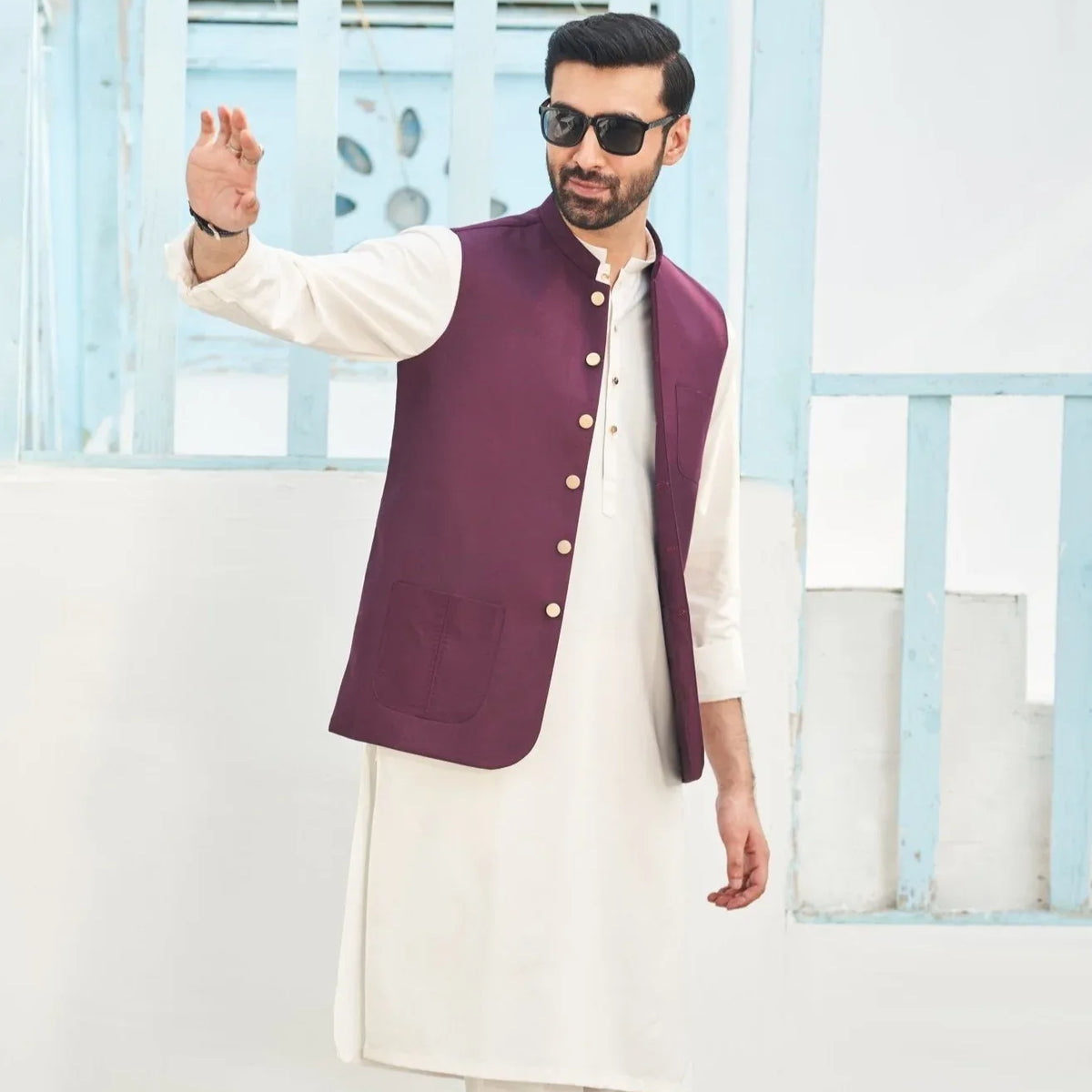 Premium Purple Waistcoat on White Kurta and Trouser Muraqsh Menswear