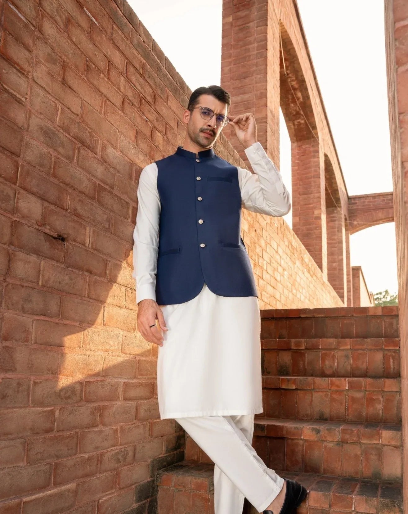 Navy Blue Suit White Shalwar Kameez Blue Waistcoat Premium Navy