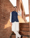 Navy Blue waistcoat and Off White kurta trouser - 3PC - Men