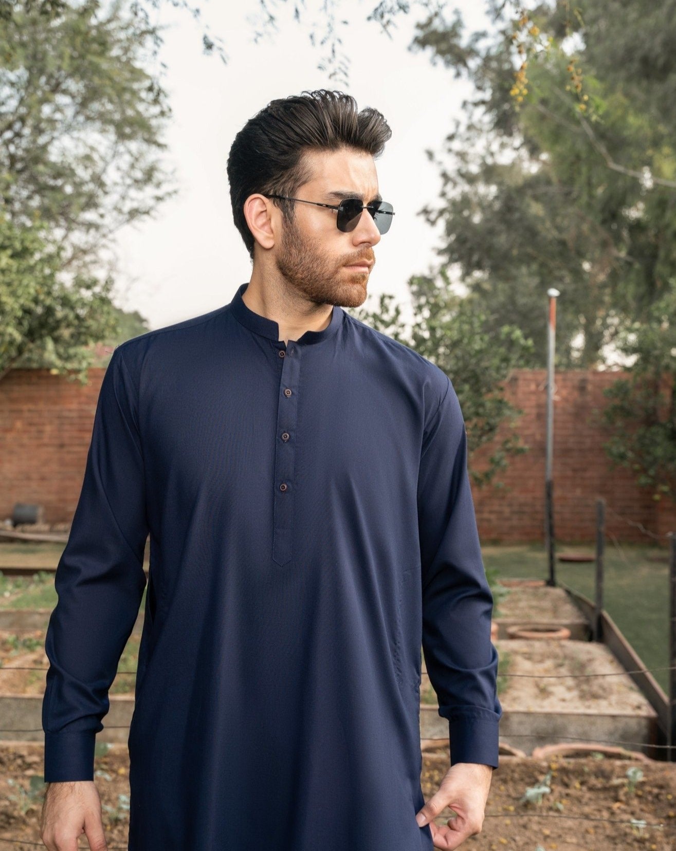 Muraqsh Ready To Wear   Men Navy Blue Cotton Embroidered Kurta Trouser MUR-NBECK - Summer Collection