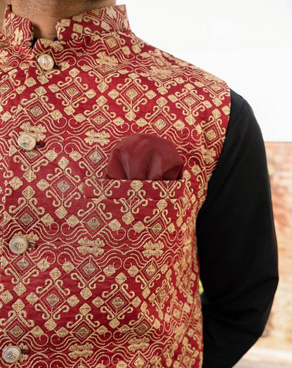 Red Embroided Waistcoat on Black - MuraqshMuraqsh Man
