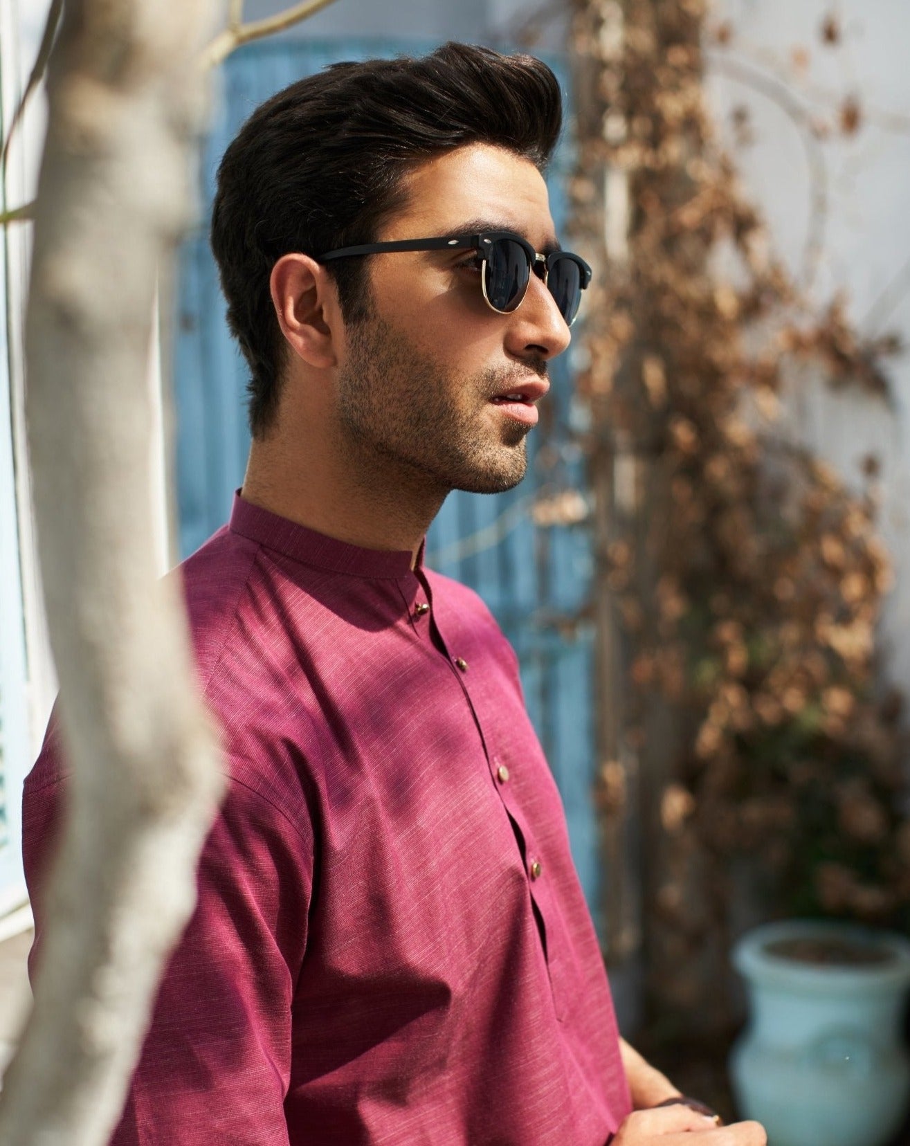 Textured Wine Cotton Kurta - MuraqshMuraqsh